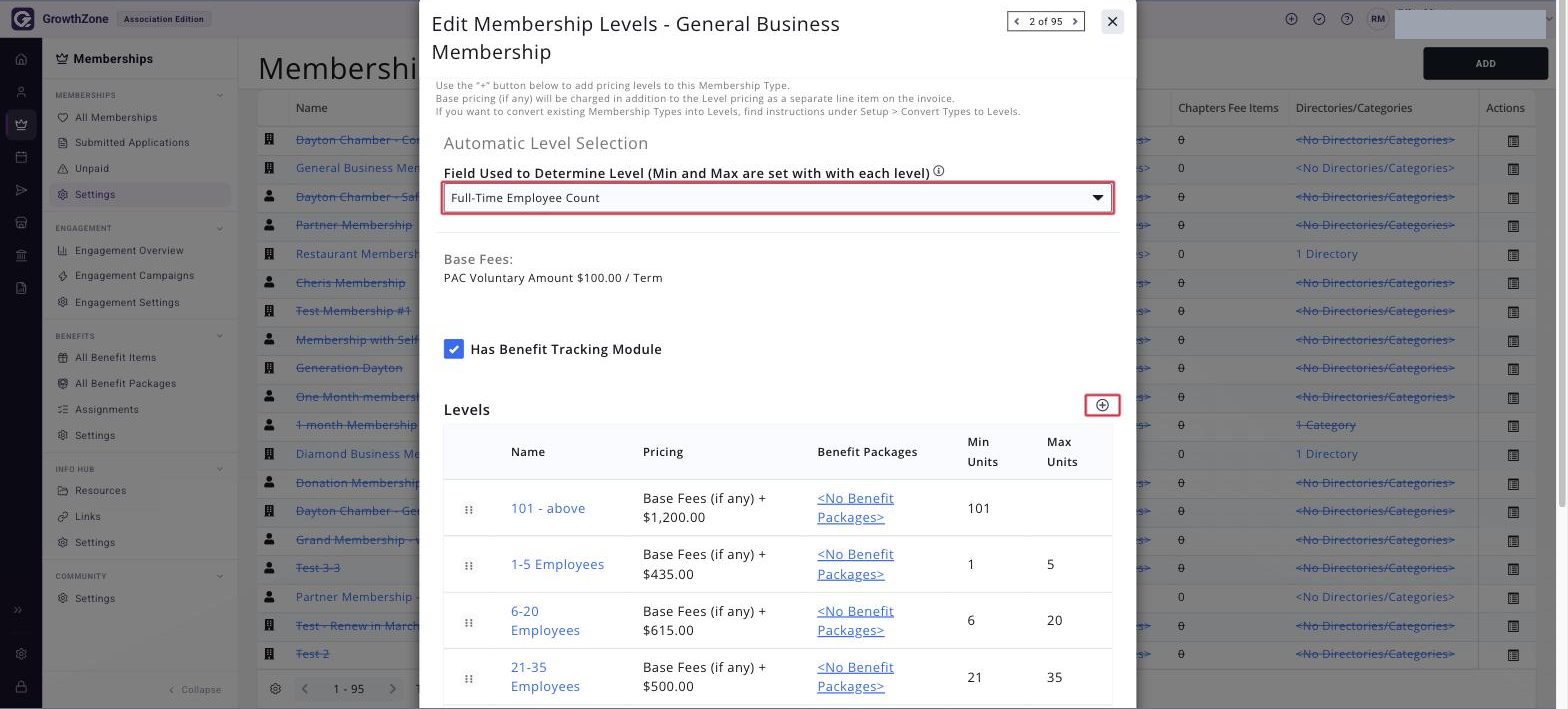 Edit Membership Levels screen with the Field Used to Determine Level list and the Levels section add icon boxed