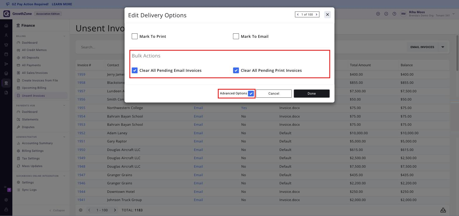 Edit Delivery Options window with the Advanced Options check-box selected and the Bulk Actions area boxed, showing Clear All Pending Email Invoices and Clear All Pending Print Invoices both ticked