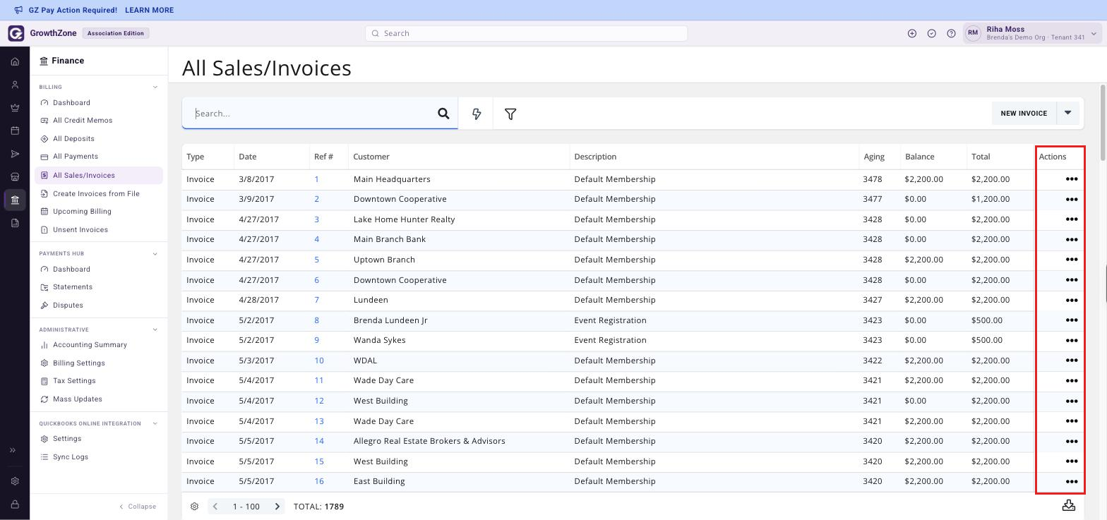 All Sales/Invoices page under Finance > Billing, showing the invoice list and the actions icon column