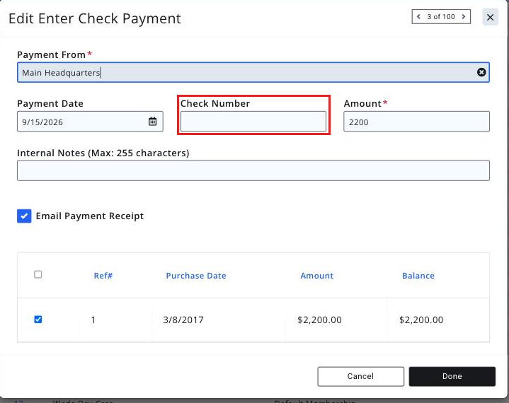 Enter Check payment form open, cropped to the form, with the Check Number field boxed