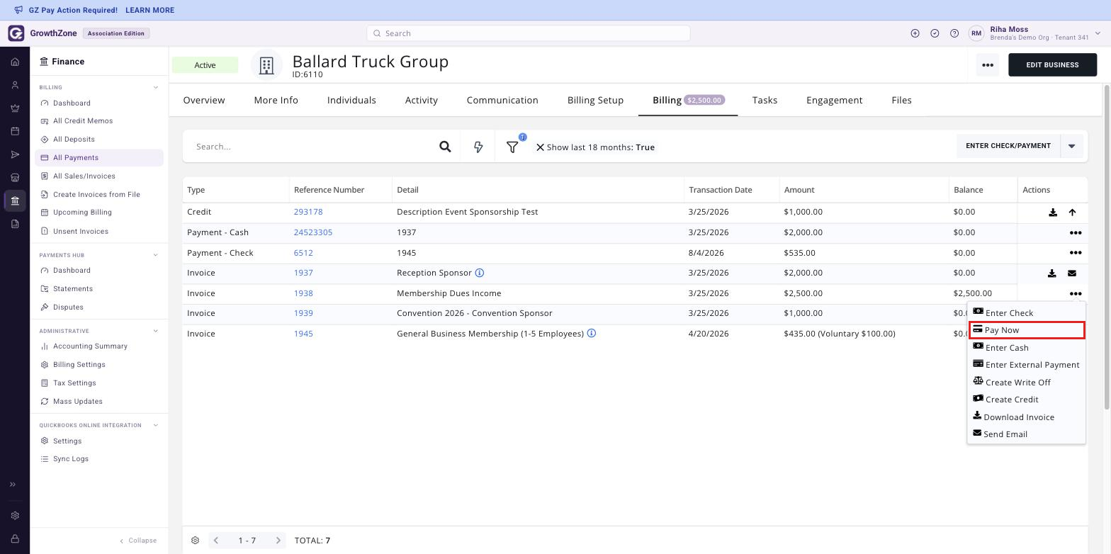 Actions menu open on an invoice row, cropped to the menu, with Pay Now boxed