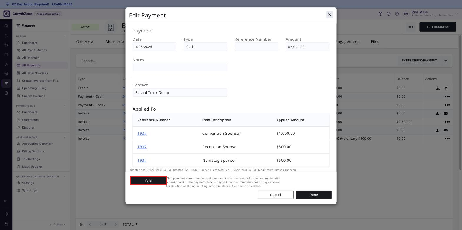 Edit Payment panel with the Void button boxed