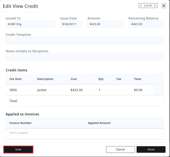 Open credit memo detail with the Void button boxed
