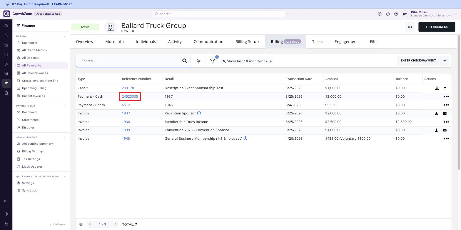 Contact record, Billing tab, with the Reference Number hyperlink on a payment row boxed.