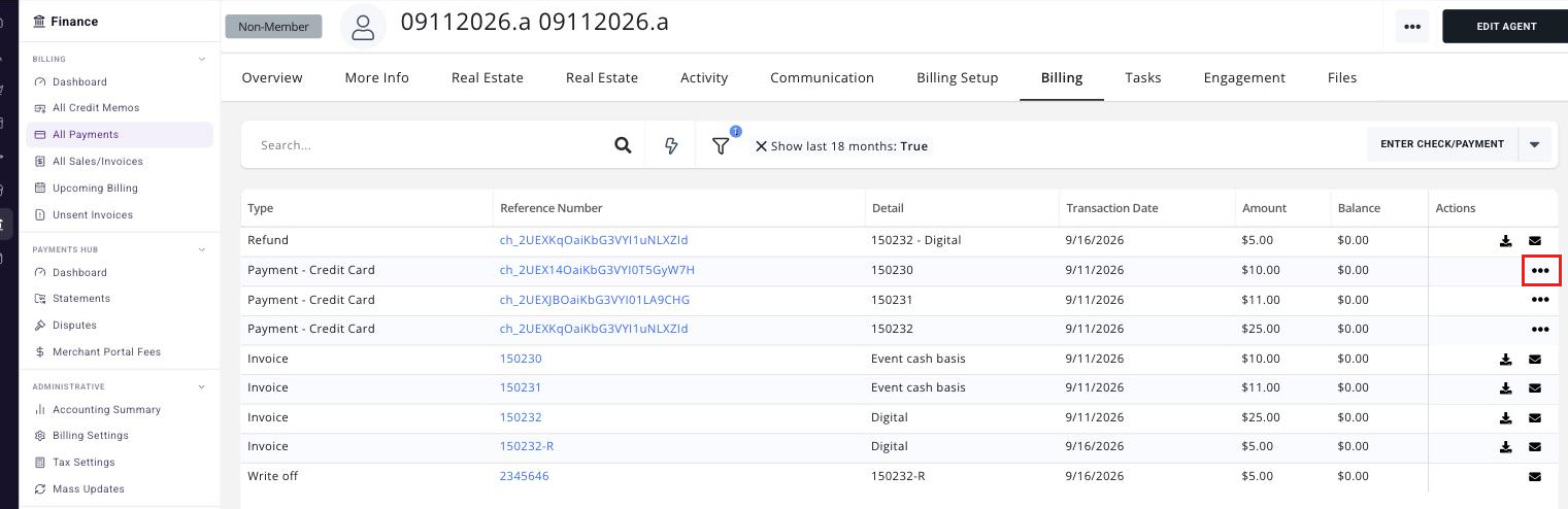 Contact record, Billing tab, with the Actions column icon boxed on the payment row