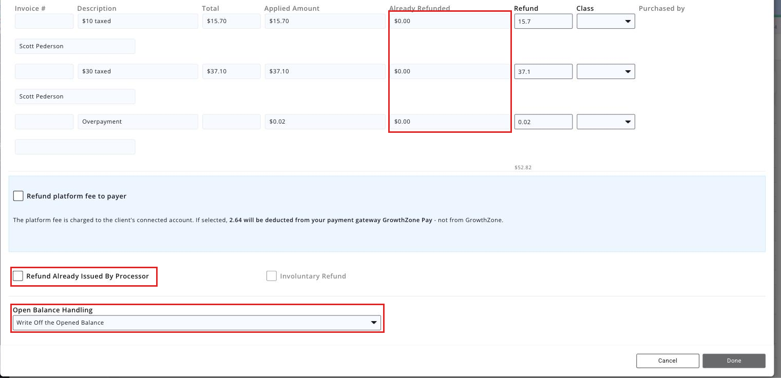 Refund window with the Refund Date, Notes, Refund Items, Refund Already Issued By Processor and Open Balance Handling fields boxed