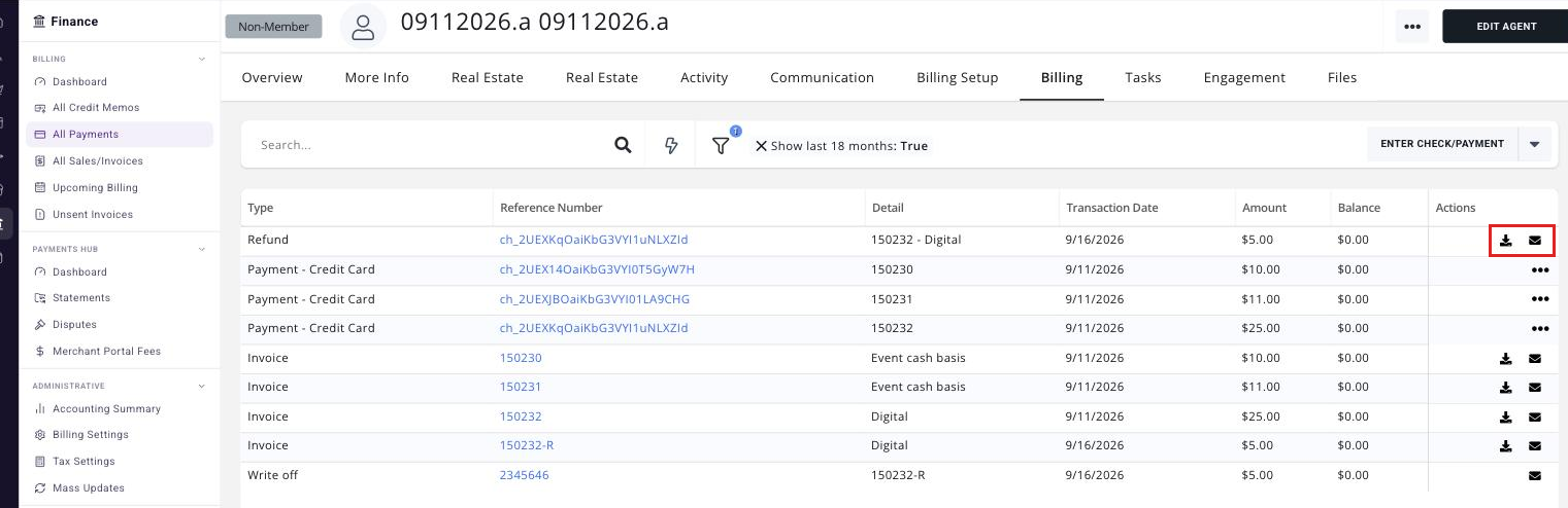 Member’s Billing tab with the download and email icons for a refund row boxed