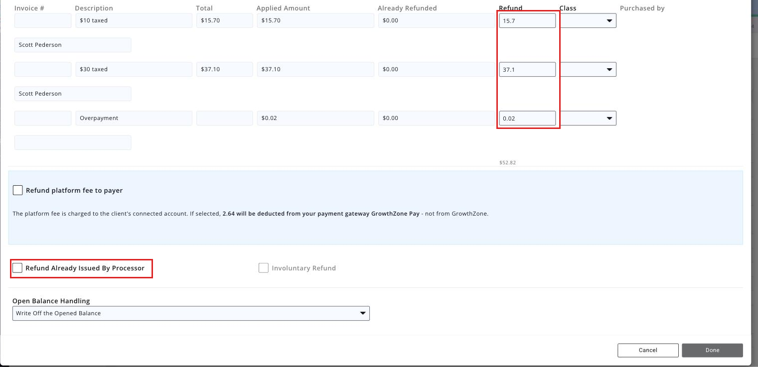 Create Refund window with the Refund Date, Notes, Refund Items amount field and Refund Already Issued By Processor check-box boxed