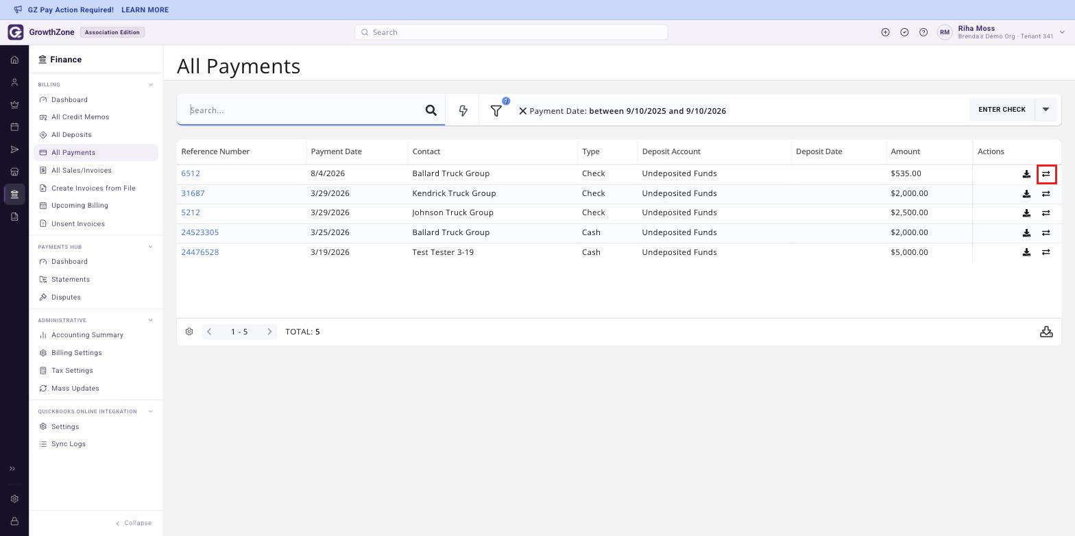 All Payments page with the Refund Payments icon in the Actions column boxed on a payment row