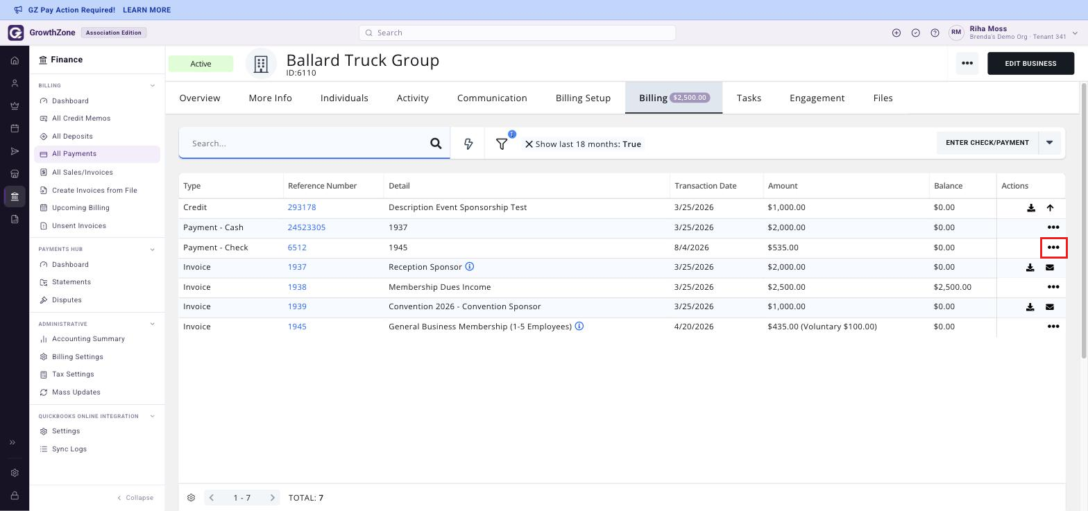 Member record, Billing tab, with the Actions column icon boxed on the payment row