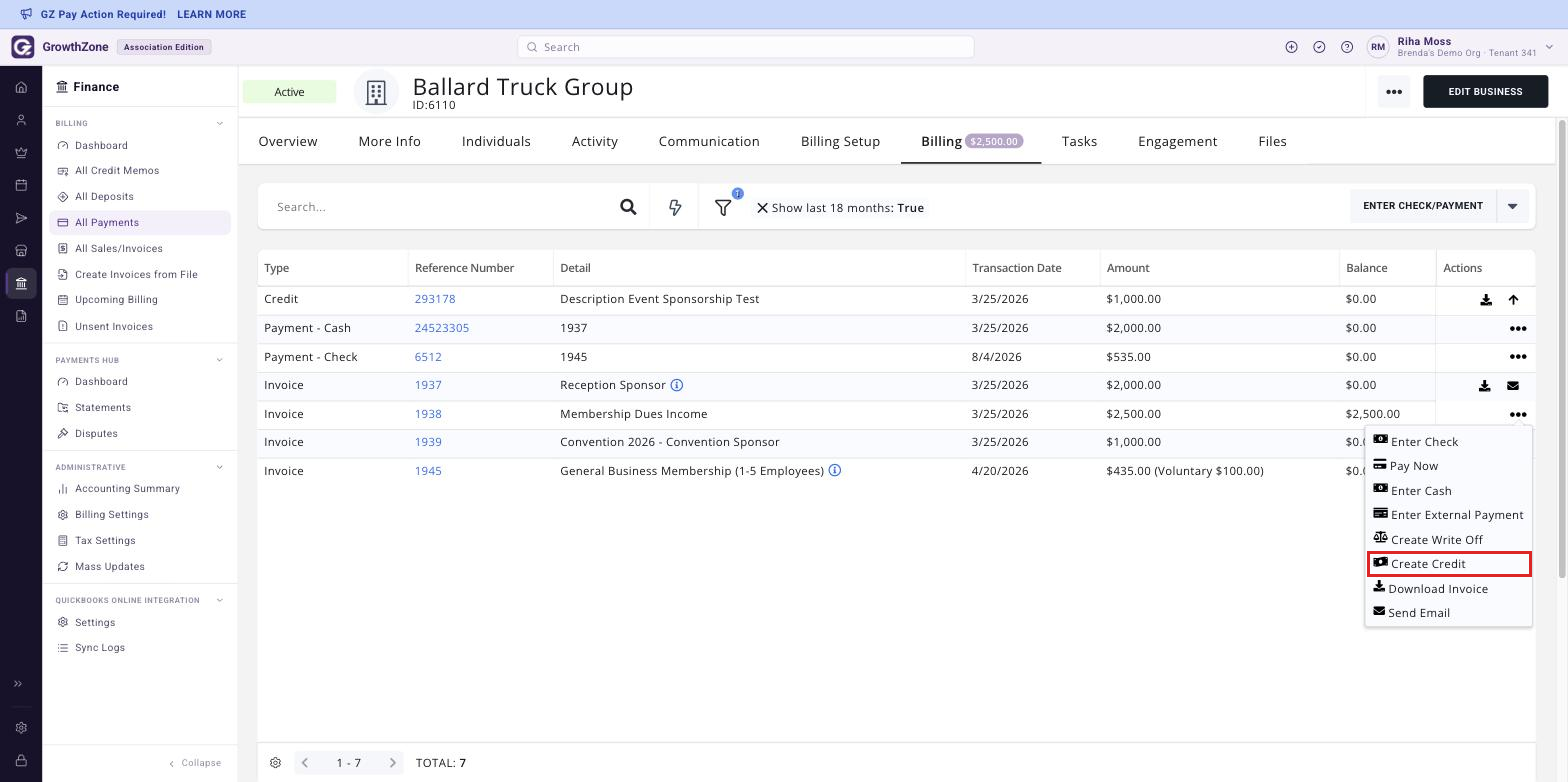 Invoice row on the Billing tab with the ellipsis menu open and Create Credit boxed