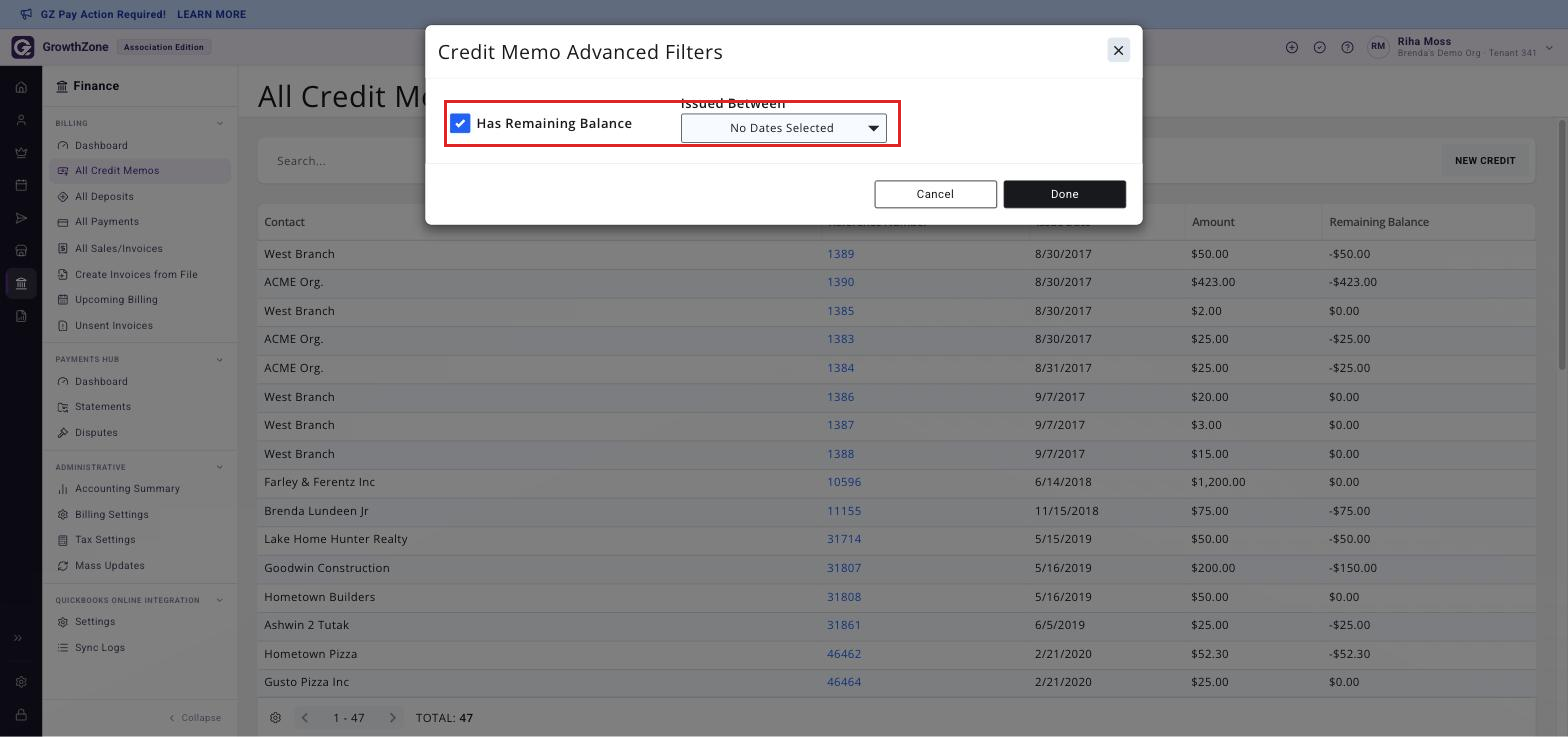 All Credit Memos page under Finance, Billing section, with the filter options panel boxed and an open-balance filter selected