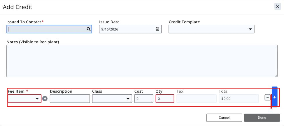 Add Credit screen with the Issued To Contact, Issue Date, Credit Template, Notes and Items/Fee Item fields visible and the Items grid boxed