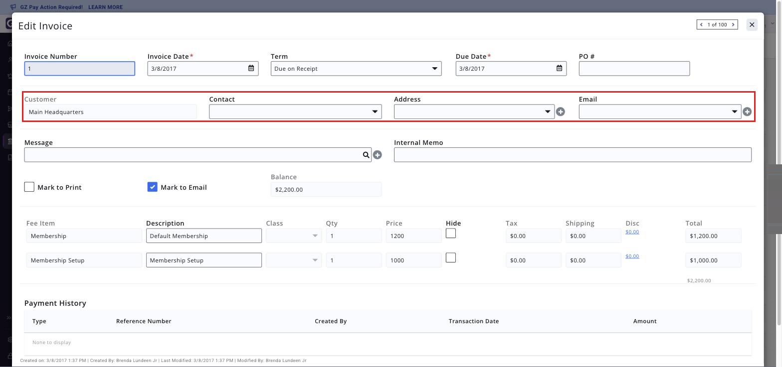 Edit Invoice window opened from the Ref # link, with the Customer, Contact, Address and Email fields boxed
