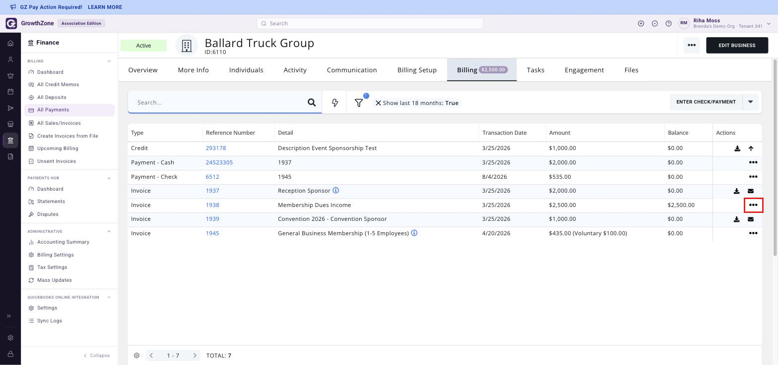 Contact record Billing tab with the invoice list shown and the action icon for one invoice boxed