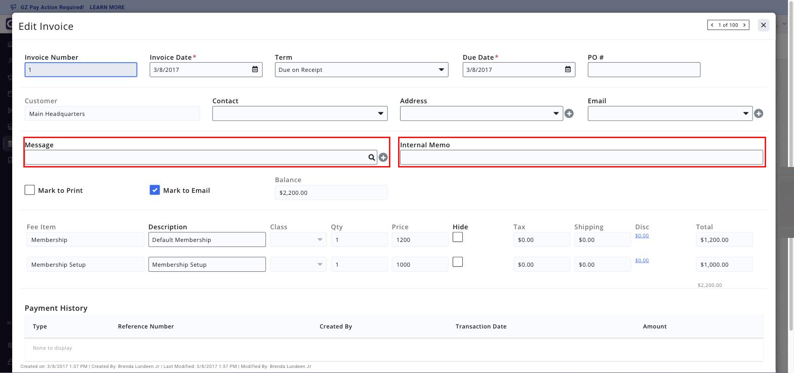 Edit Invoice window with the Internal Memo field boxed beside the Message field