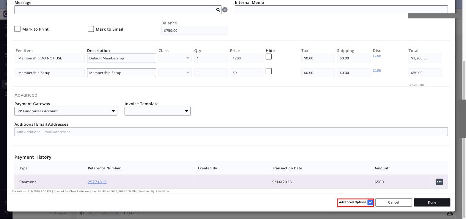 The Edit Invoice window with the Advanced Options check-box boxed
