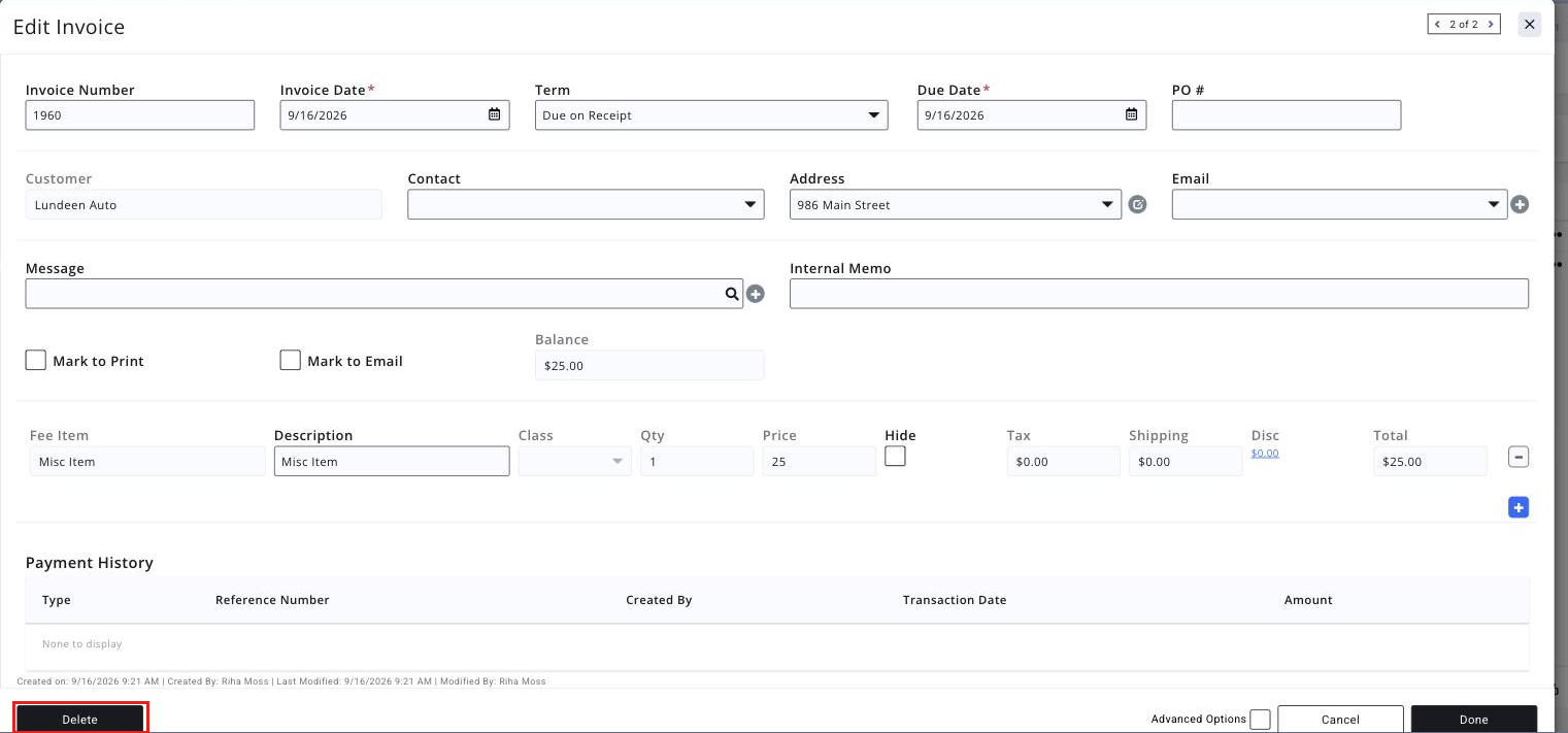 Invoice screen with the Edit Invoice button boxed