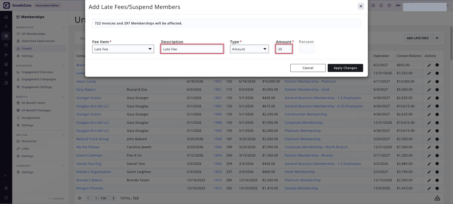 Add Late Fees/Suspend Member window with the fee item selector open and the Description and Amount fields boxed in red