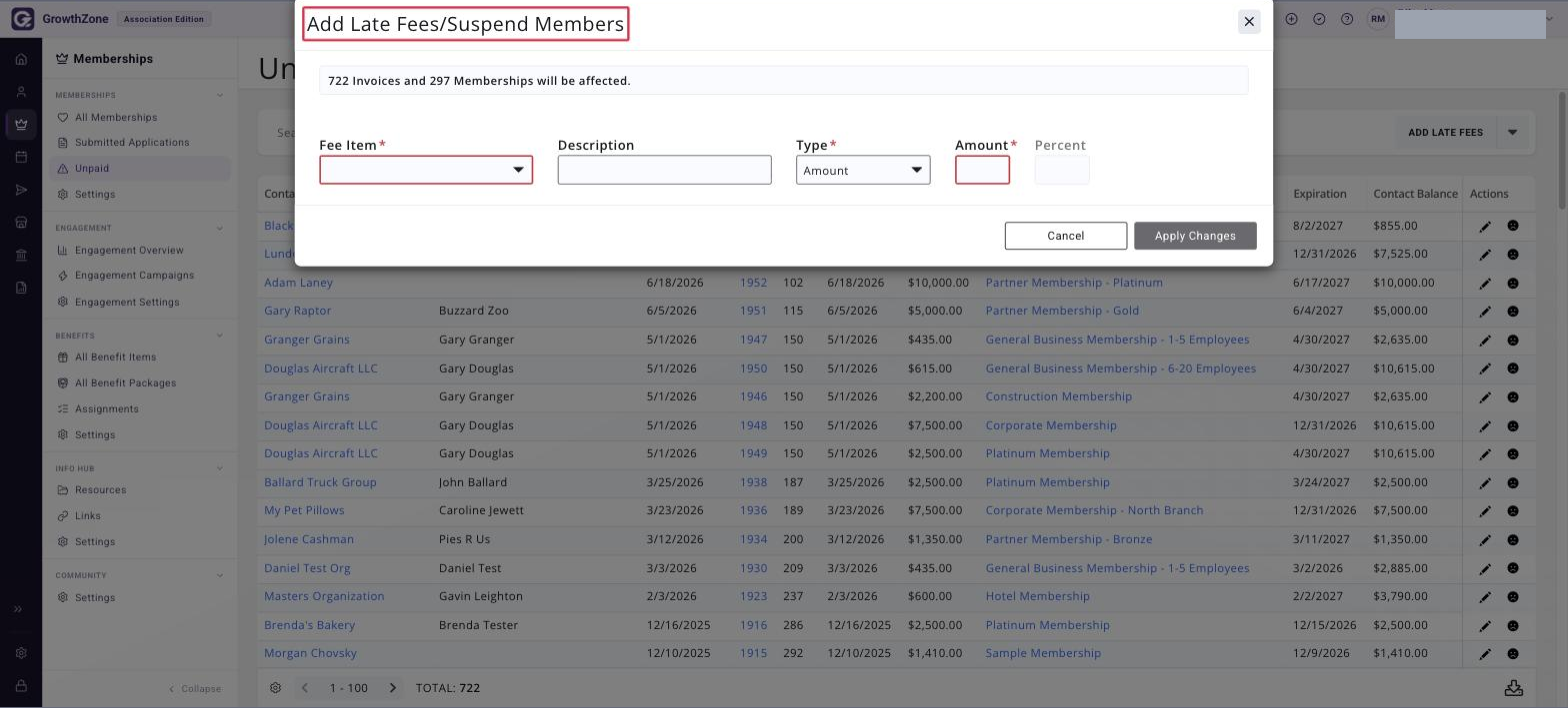 Add Late Fees/Suspend Member window as it first opens, with the window title boxed in red