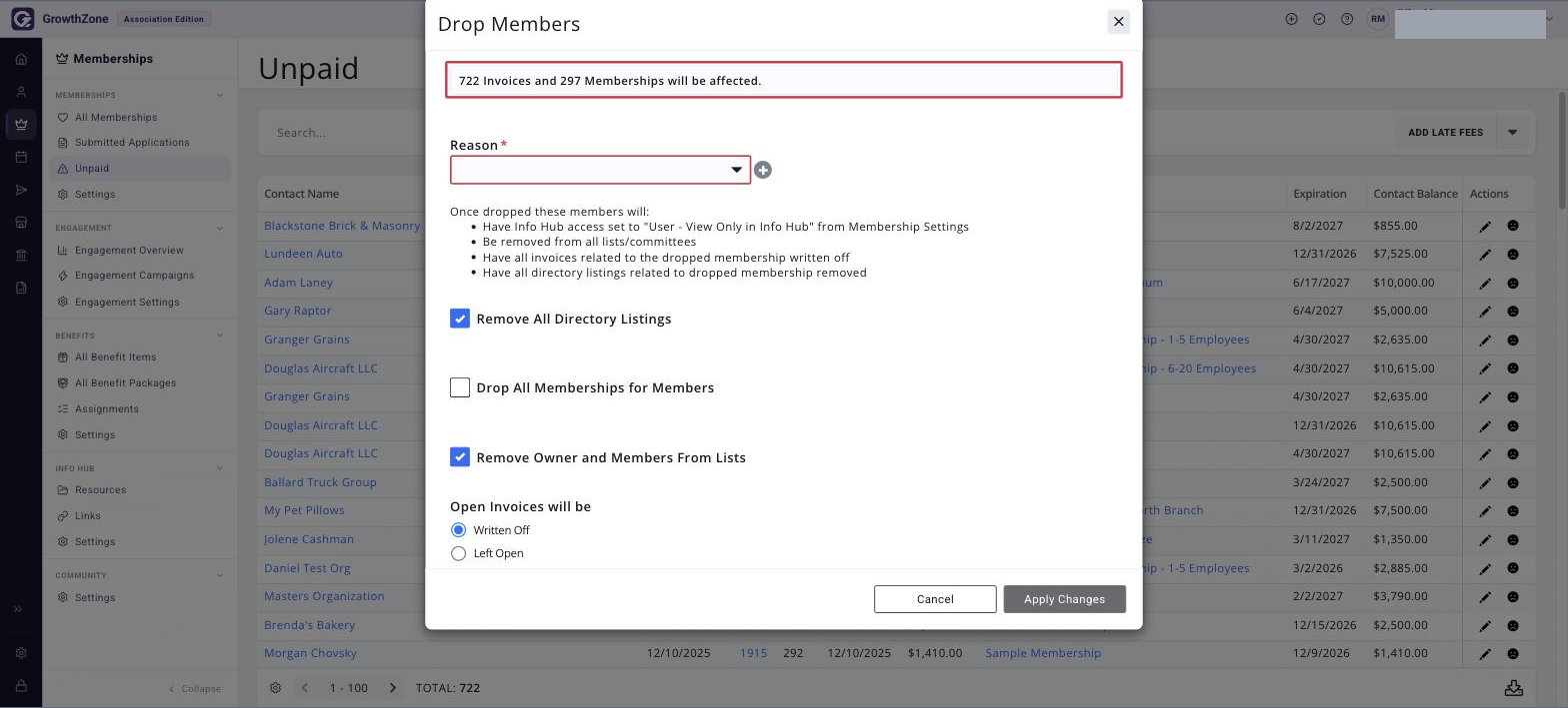 Drop Members window with the count of members to be dropped boxed in red