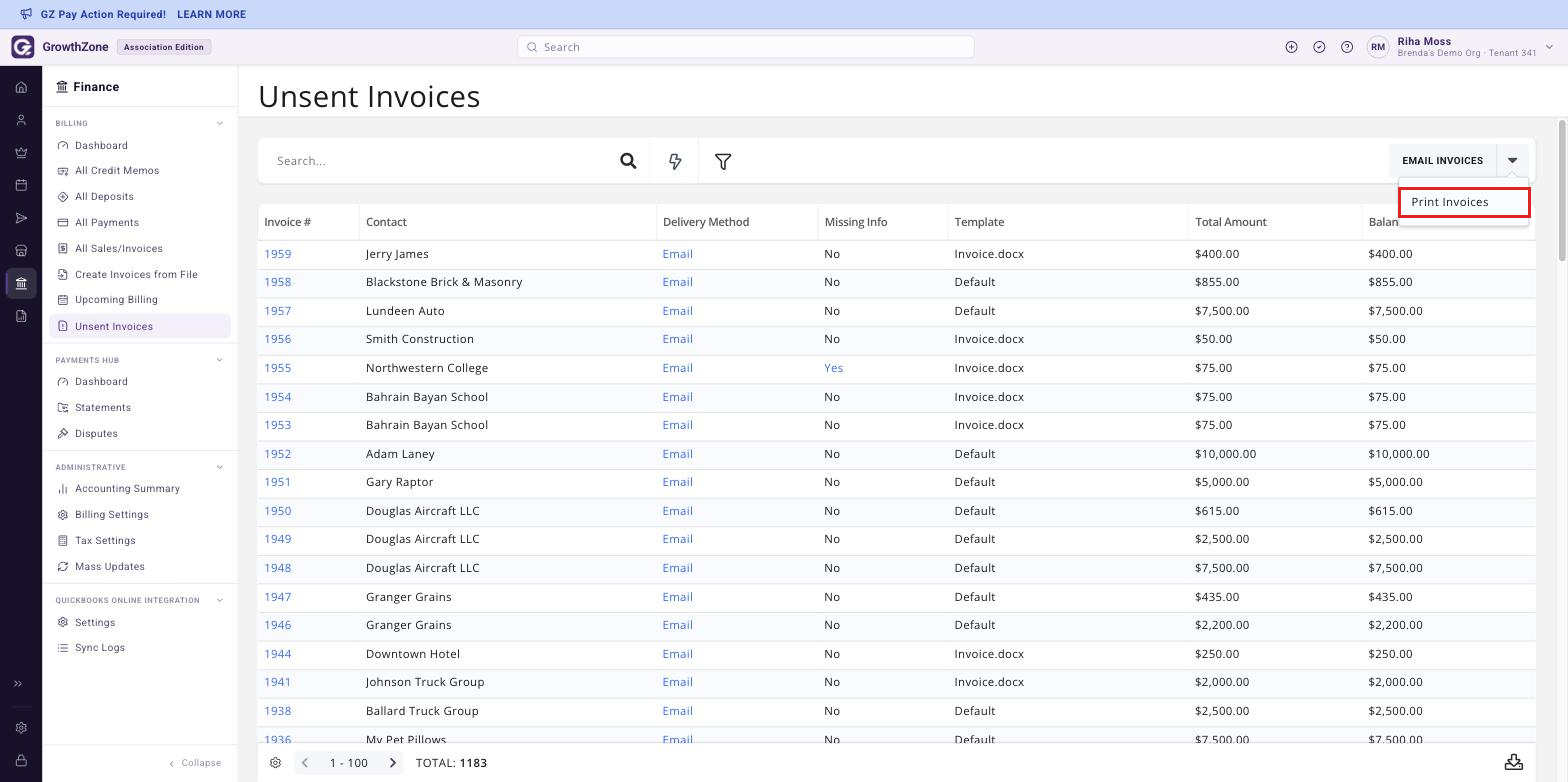 Unsent Invoices page with the arrow beside Email Invoices expanded and Print Invoices boxed