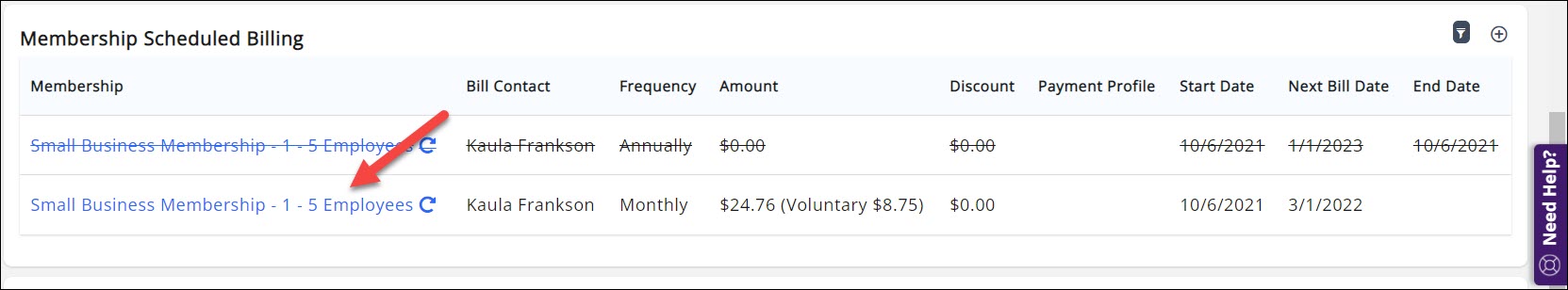 Billing Setup tab, Membership Scheduled Billing section