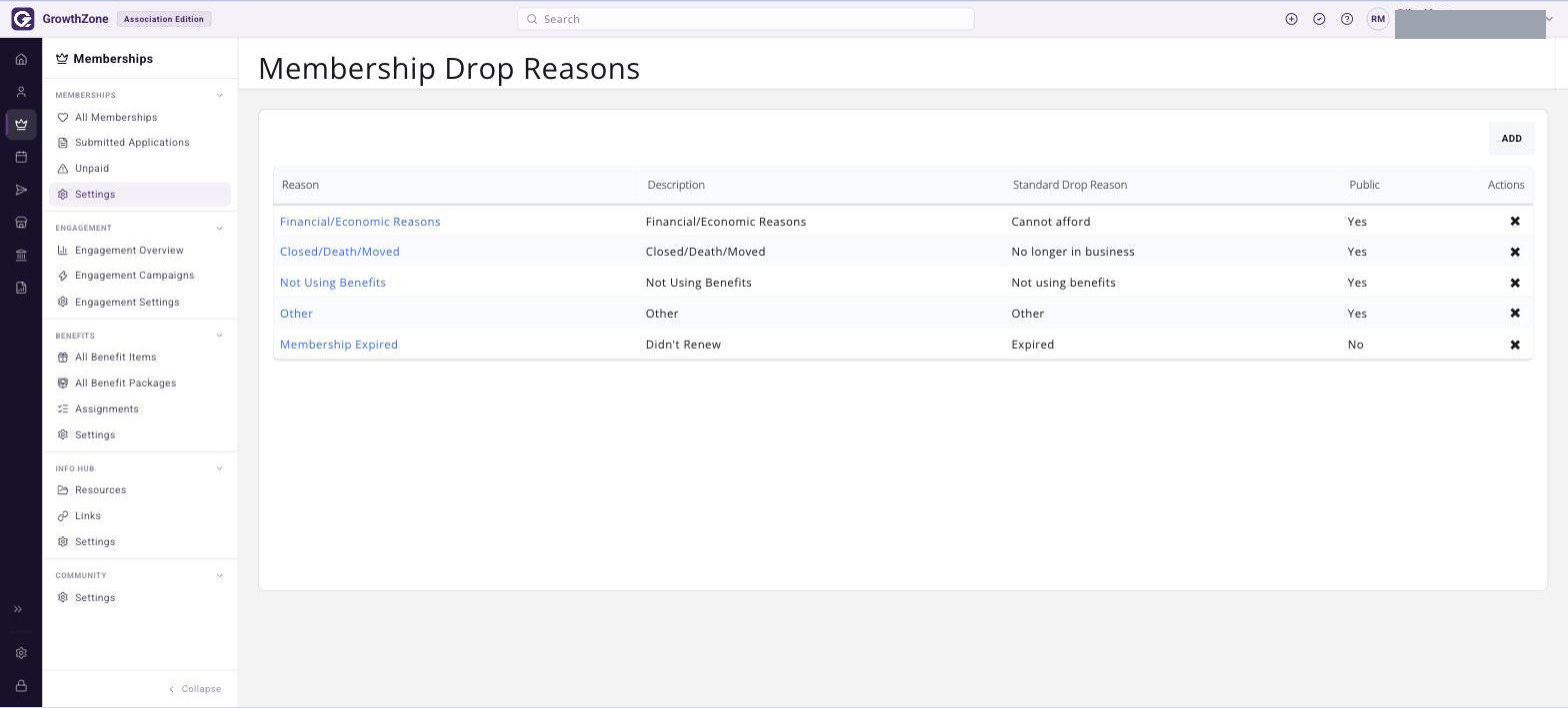 Membership Drop Reasons page in the Memberships rail listing the configured drop reasons with their descriptions and standard drop reasons