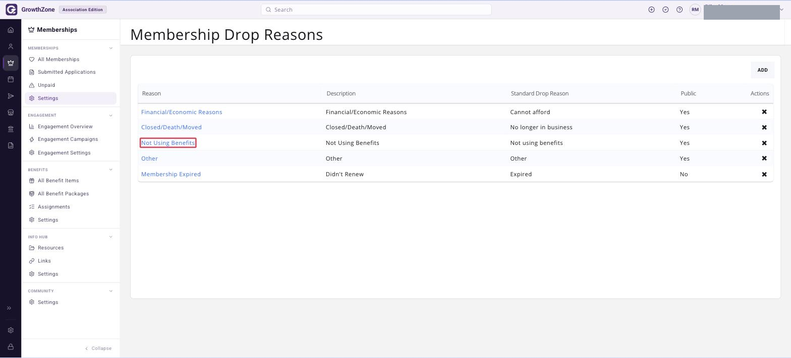 Membership Drop Reasons page with one drop reason hyperlink boxed in red