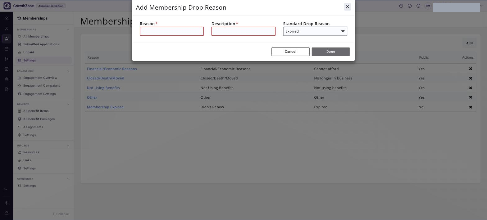 Add Membership Drop Reason dialog with the Reason, Description and Standard Drop Reason fields and the Done button