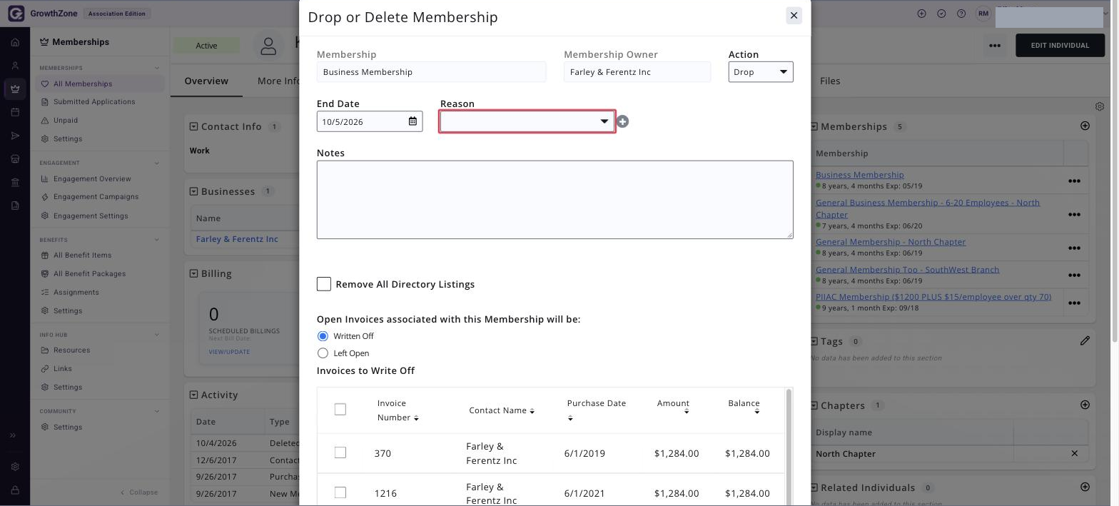 Drop or Delete Membership dialog with the Reason drop-down boxed in red