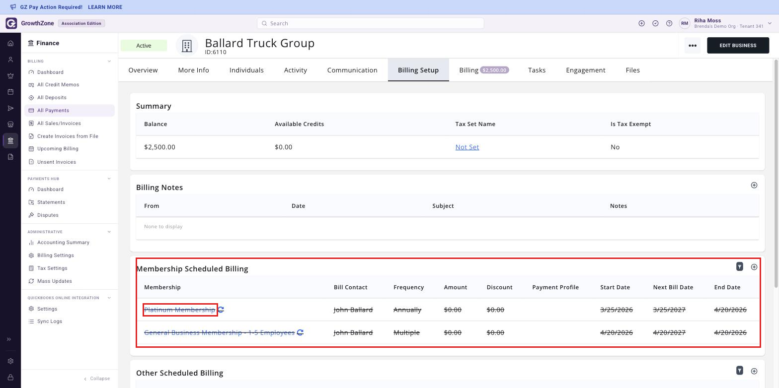 Contact record, Billing Setup tab, with the Membership Scheduled Billing section and the membership link boxed