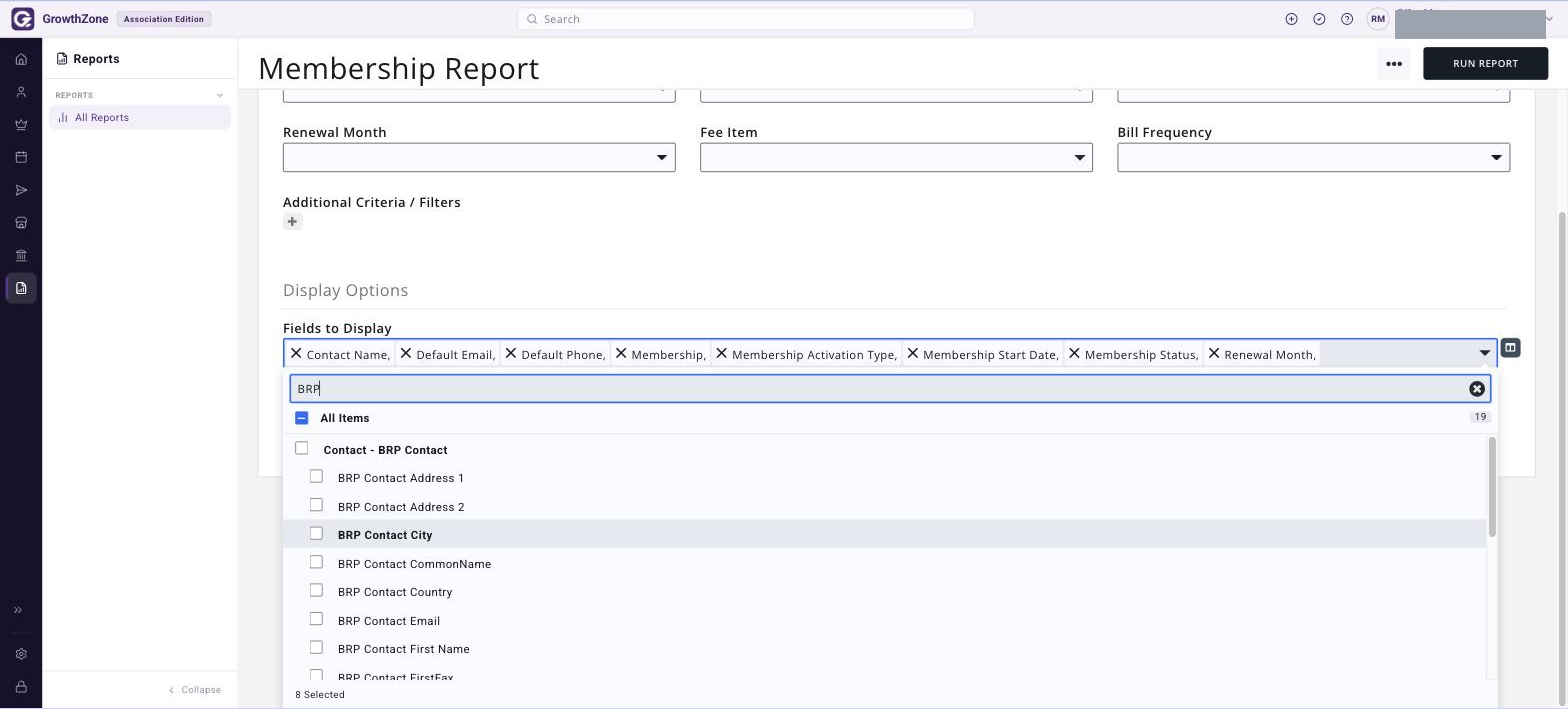 Membership Report Fields to Display picker filtered on BRP, listing the BRP contact fields that can be added to the report