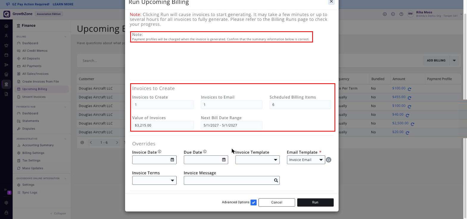 Invoices to Create summary in the Run Upcoming Billing window, with the payment-profile charge warning and the summary fields boxed