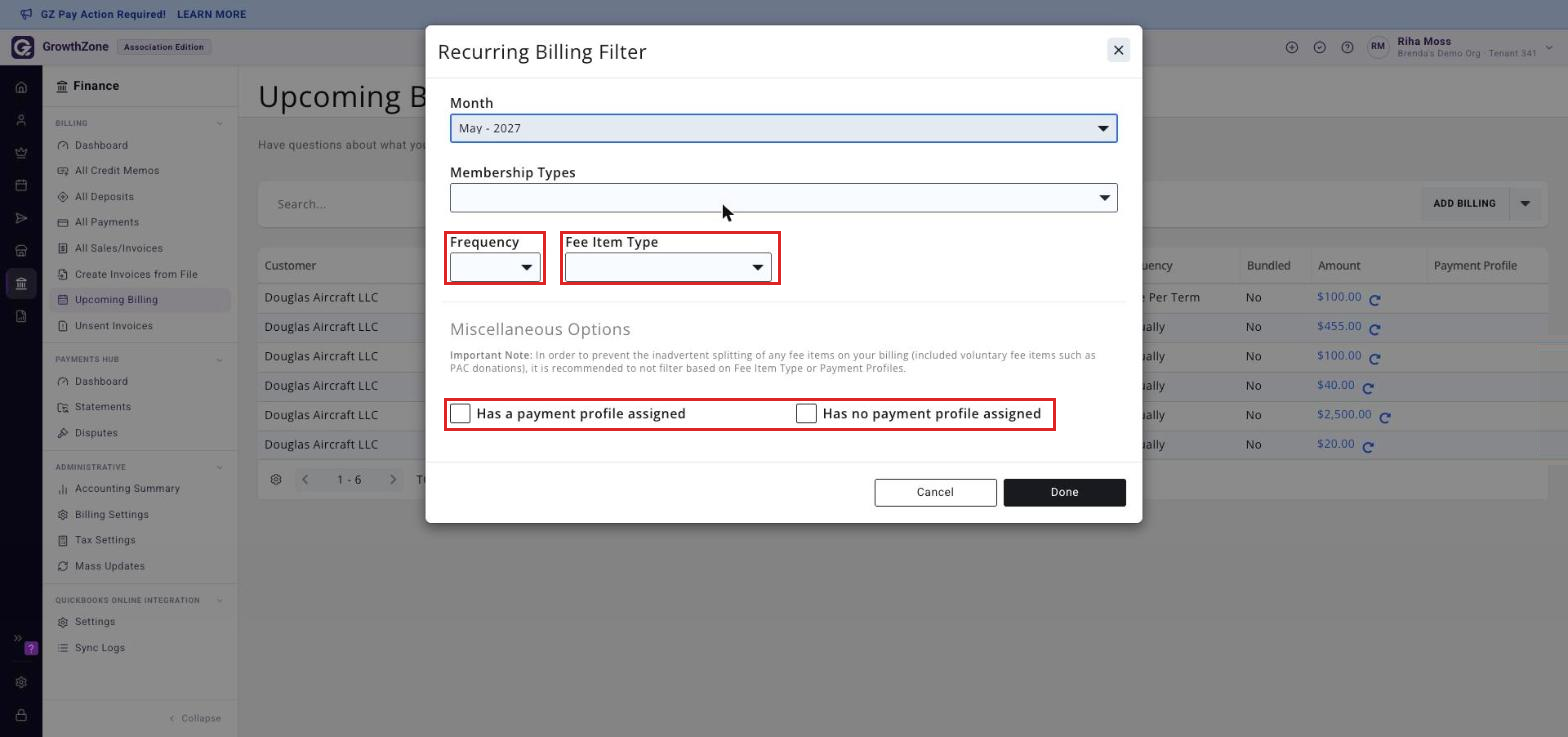 Recurring Billing Filter window on the Upcoming Billing page with the Frequency and Fee Item Type fields and the Miscellaneous Options payment-profile check-boxes boxed