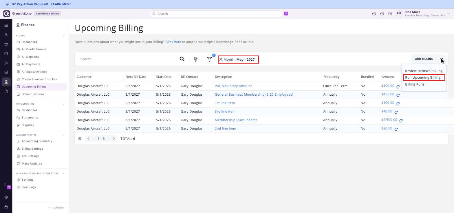 Top of the Upcoming Billing page under Finance > Billing, with the Month filter chip boxed and the arrow beside ADD BILLING open showing Run Upcoming Billing boxed