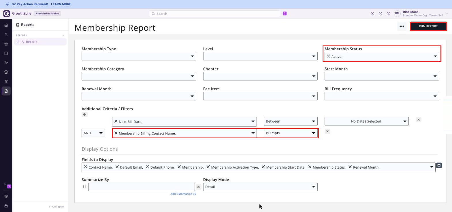 Membership Report criteria screen with Membership Status set to Active and a Membership Billing Contact Name / Is Empty filter under Additional Criteria / Filters boxed, with RUN REPORT visible