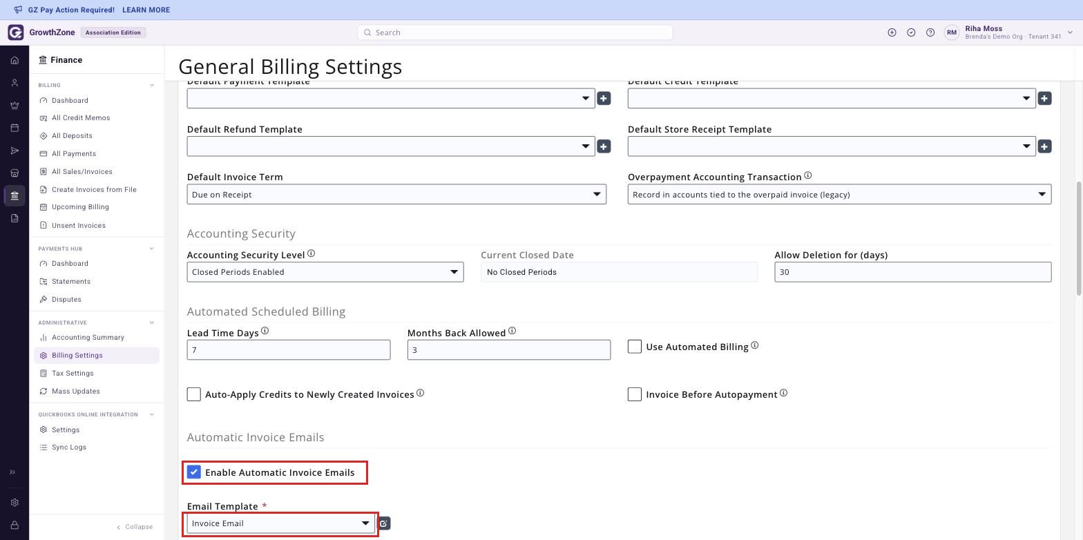 General Billing Settings page scrolled to Invoice Before Autopayment and Automatic Invoice Emails, with the Email Template dropdown boxed