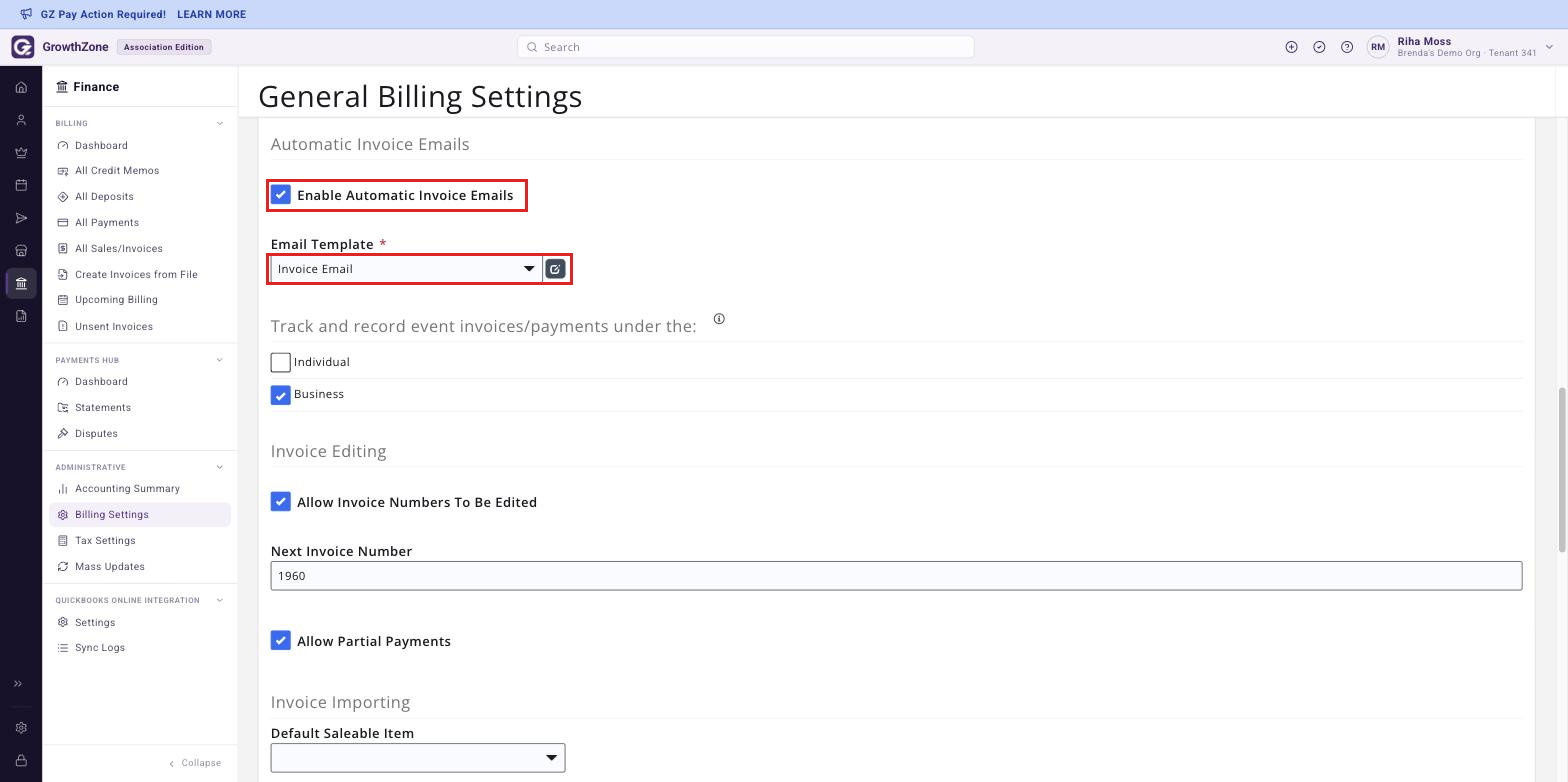 Automatic Invoice Emails section of General Billing Settings with Enable Automatic Invoice Emails checked and the Template dropdown boxed