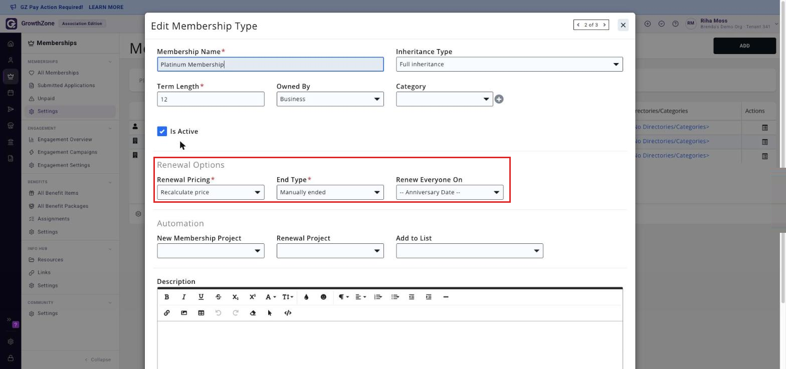 The Renewal Options section of the Edit Membership Type window with Renewal Pricing set to Recalculate price, boxed