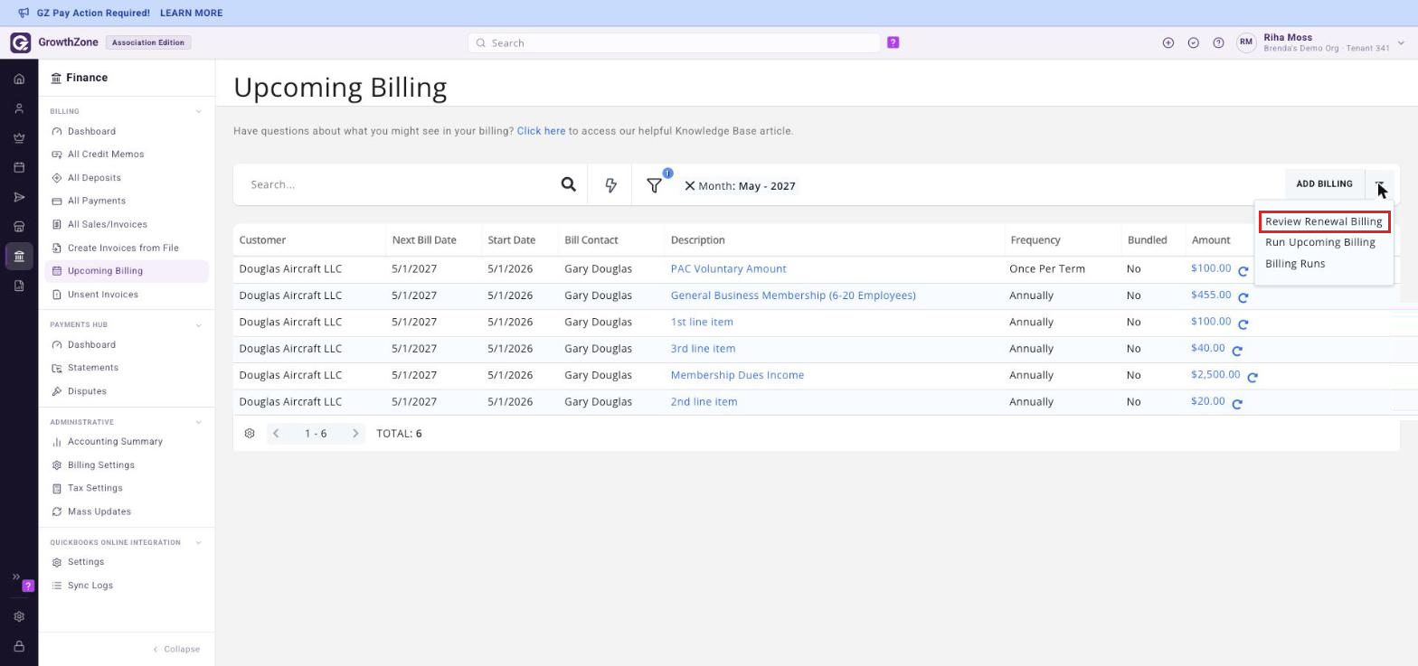 The arrow beside ADD BILLING on the Upcoming Billing page with its menu open and Review Renewal Billing boxed