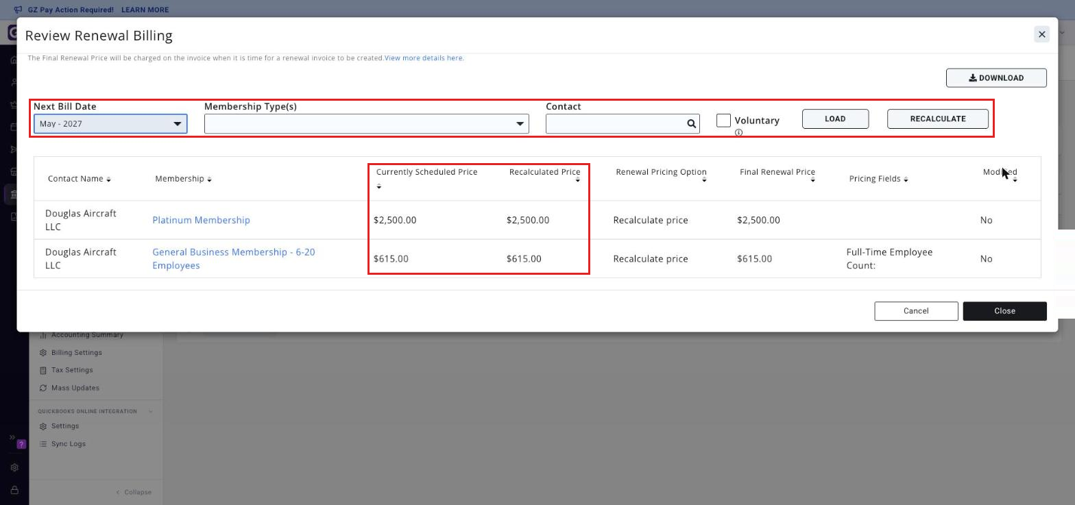The Review Renewal Billing screen after clicking Load, with the filter controls and the Currently Scheduled Price and Recalculated Price columns boxed.