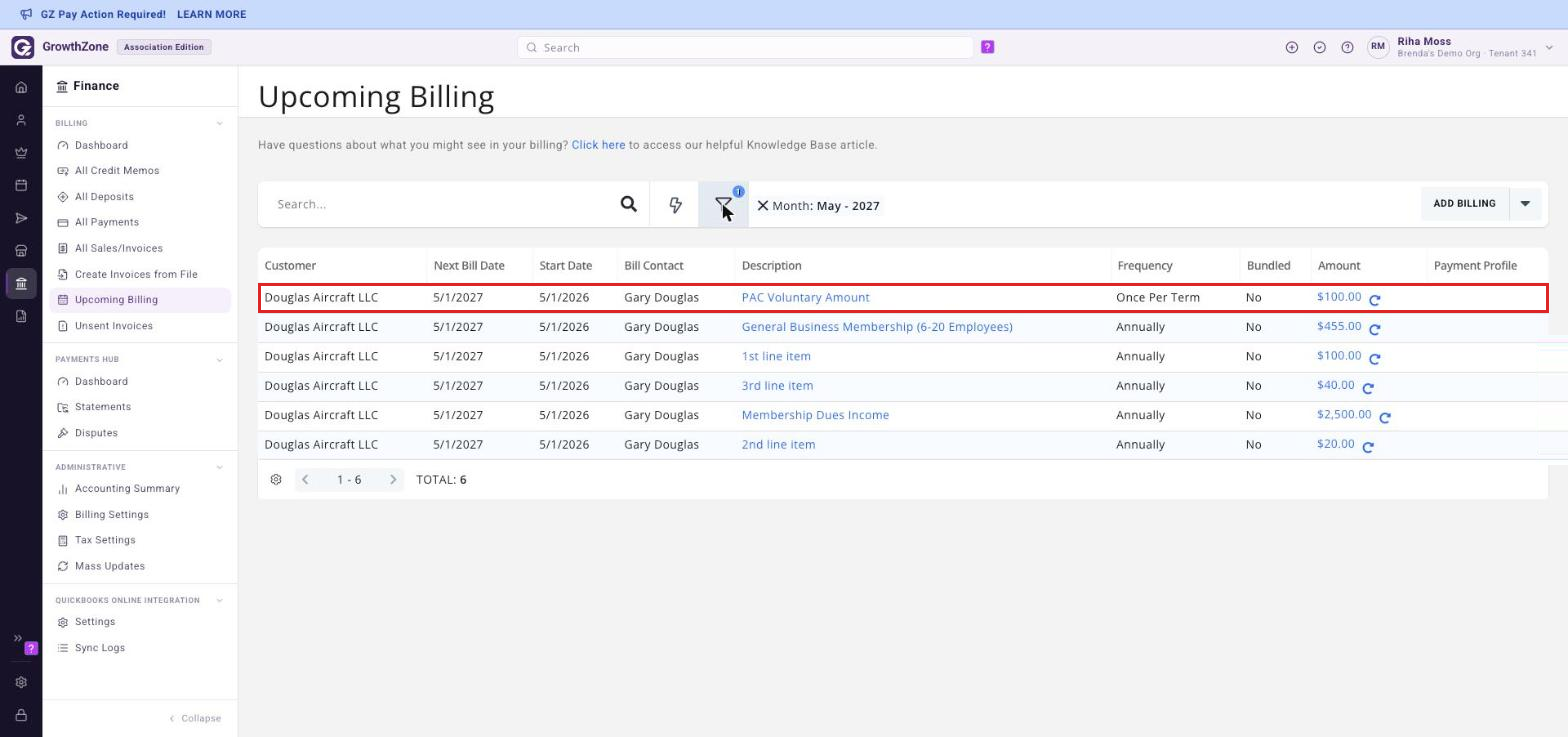 The Upcoming Billing page with the recalculate icon on a single contact’s row boxed.