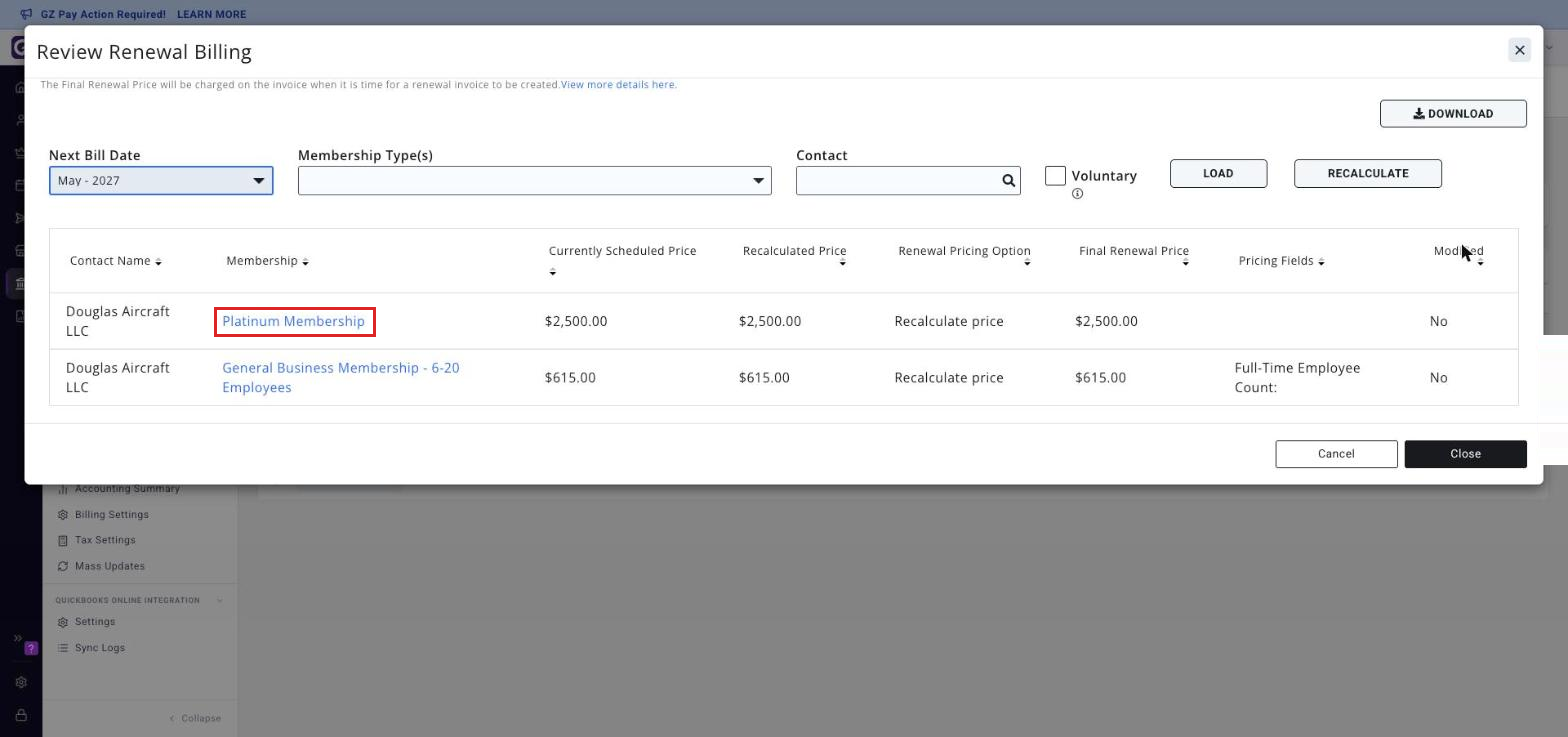 The Review Renewal Billing screen with a member’s hyperlinked membership in the Membership column boxed.