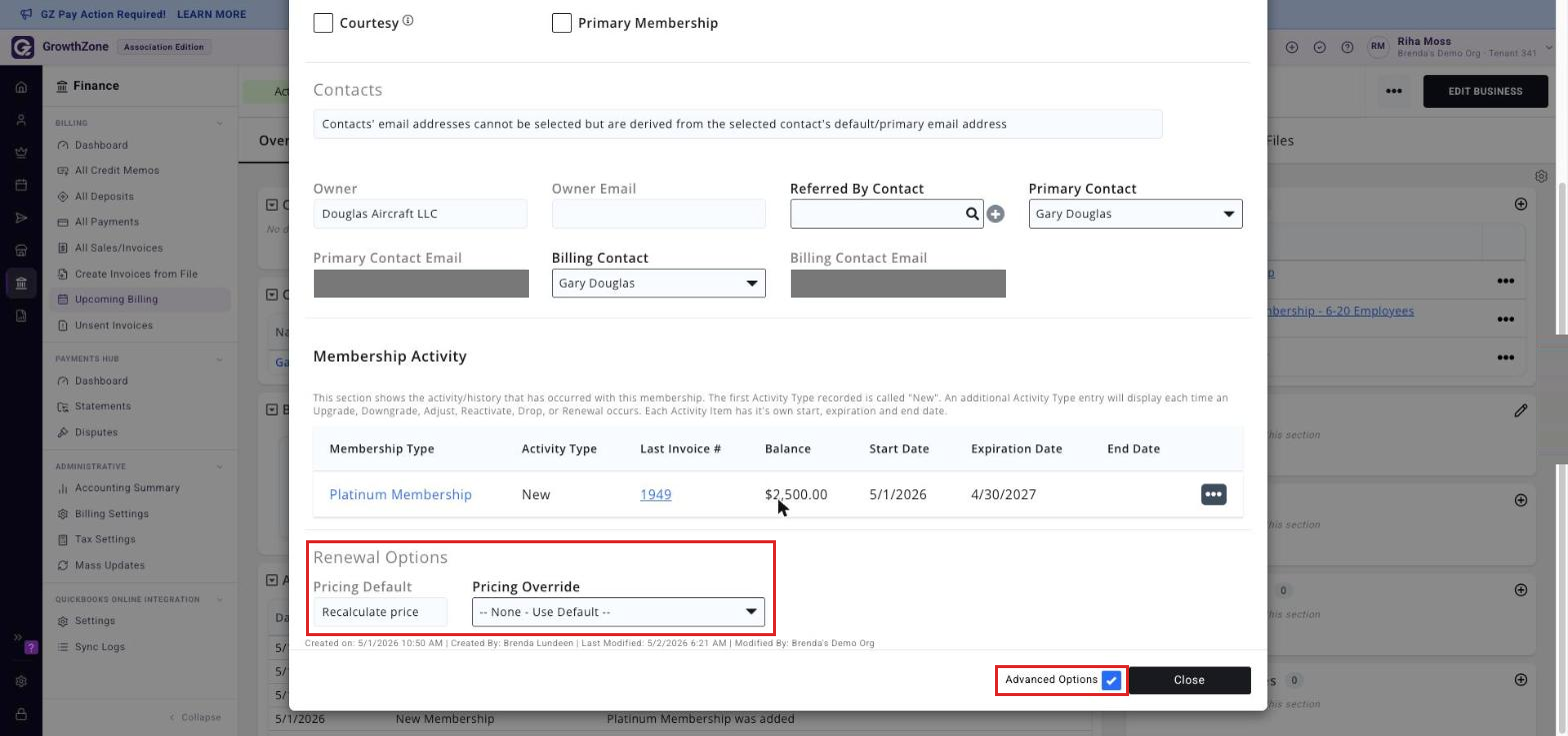The Renewal Options section of the Membership Details window with the Advanced Options check-box selected and the Pricing Override dropdown boxed.