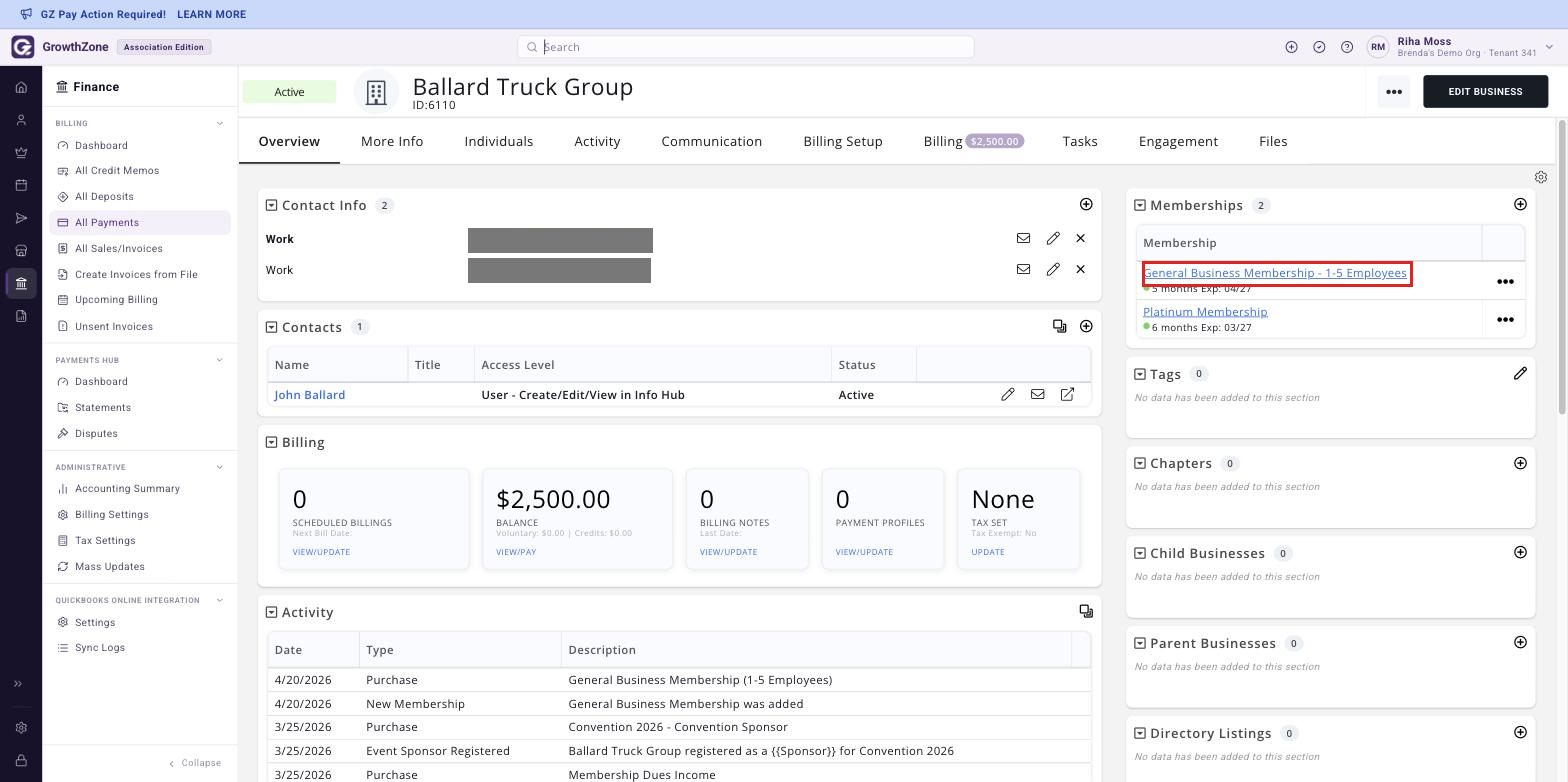 The Membership section of a contact’s Overview tab with the membership hyperlink boxed.