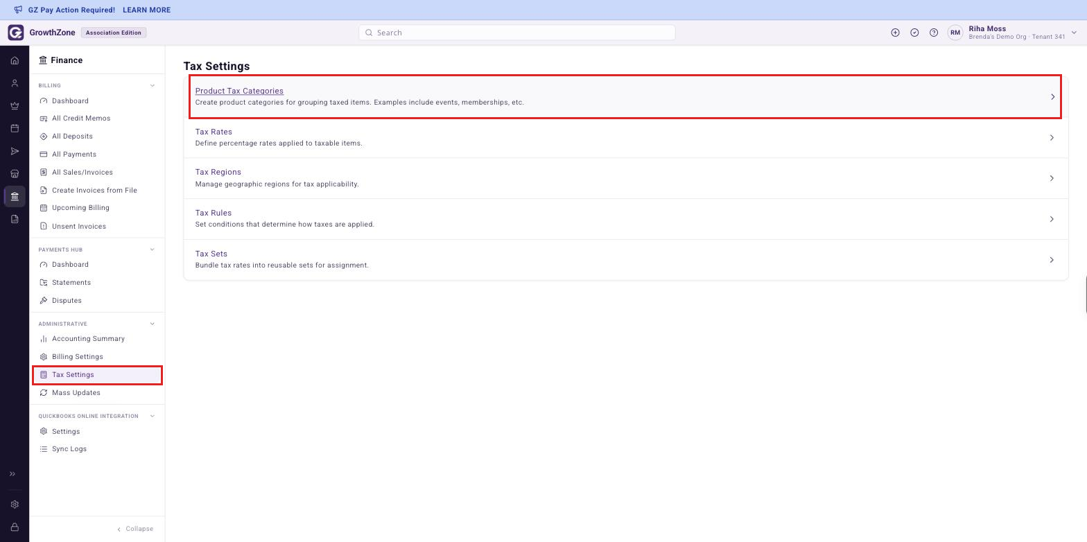 Finance rail expanded to the Administrative section with Tax Settings open and Product Tax Categories boxed