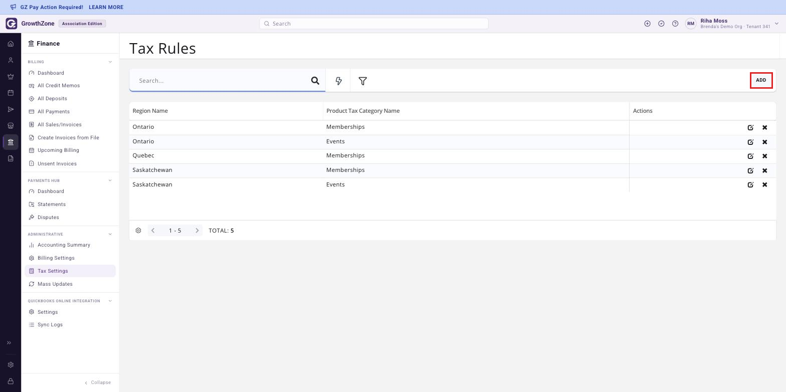 Tax Rules page with the Add button boxed