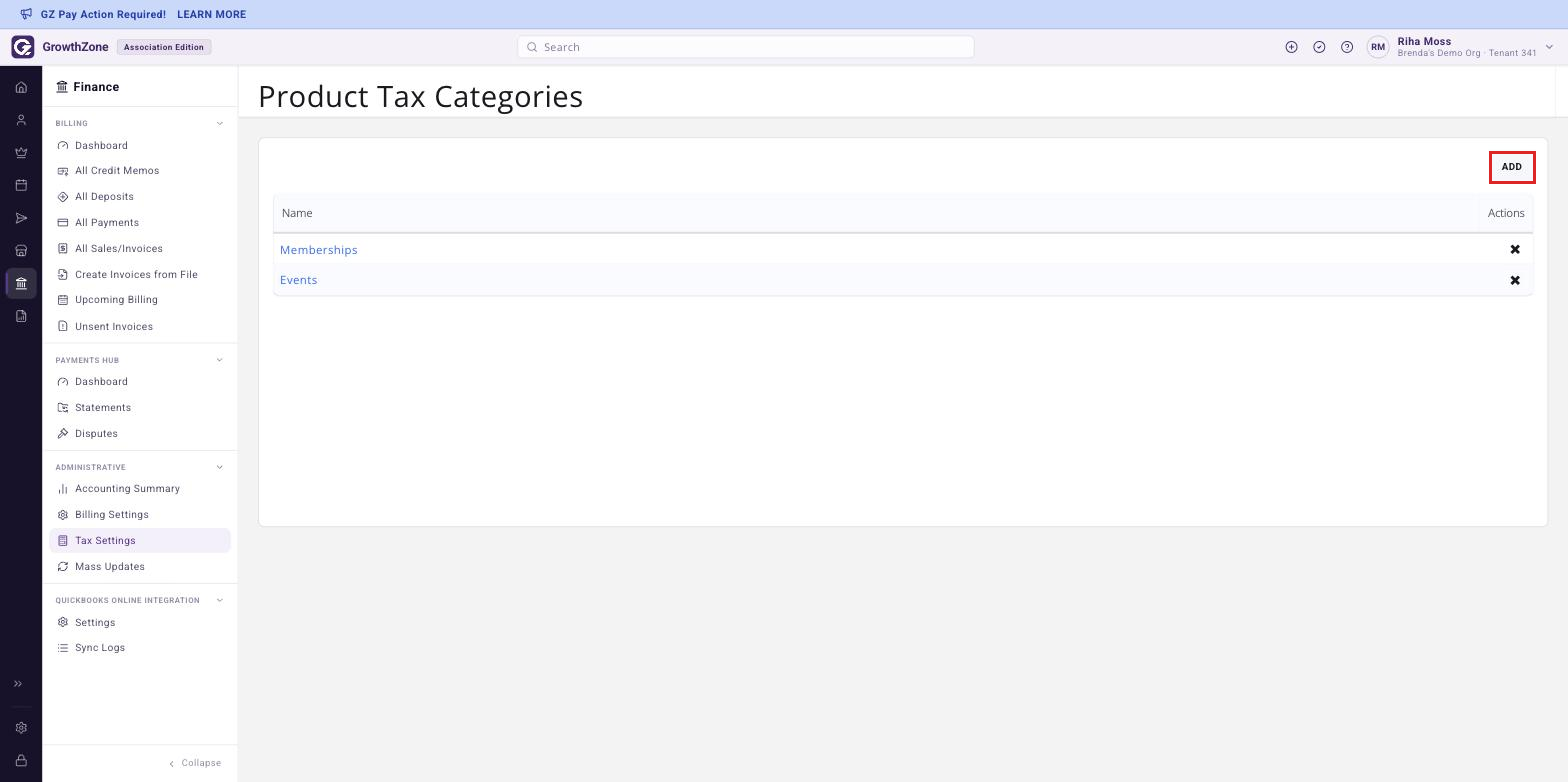 Product Tax Categories page with the Add button boxed
