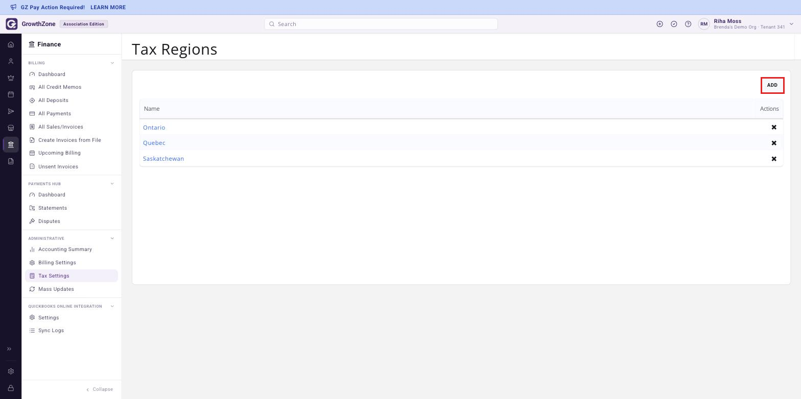 Tax Regions page with the Add button boxed